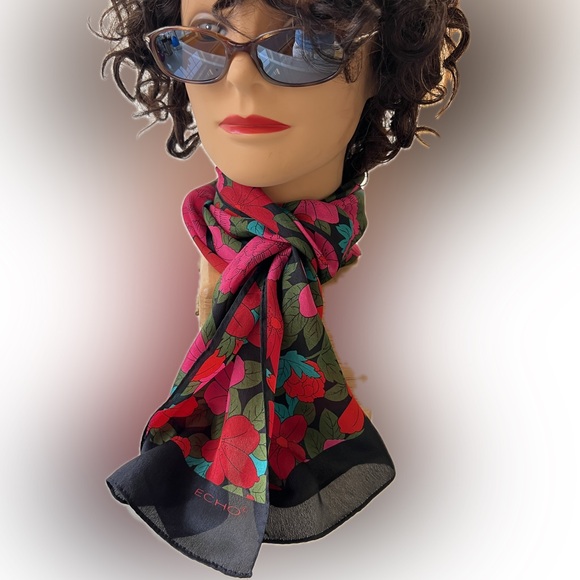 3️⃣🧣Lot of 3 Silk Scarves by ECHO | Oblong | Solid Black/Black Floral/Pastel - Picture 5 of 17